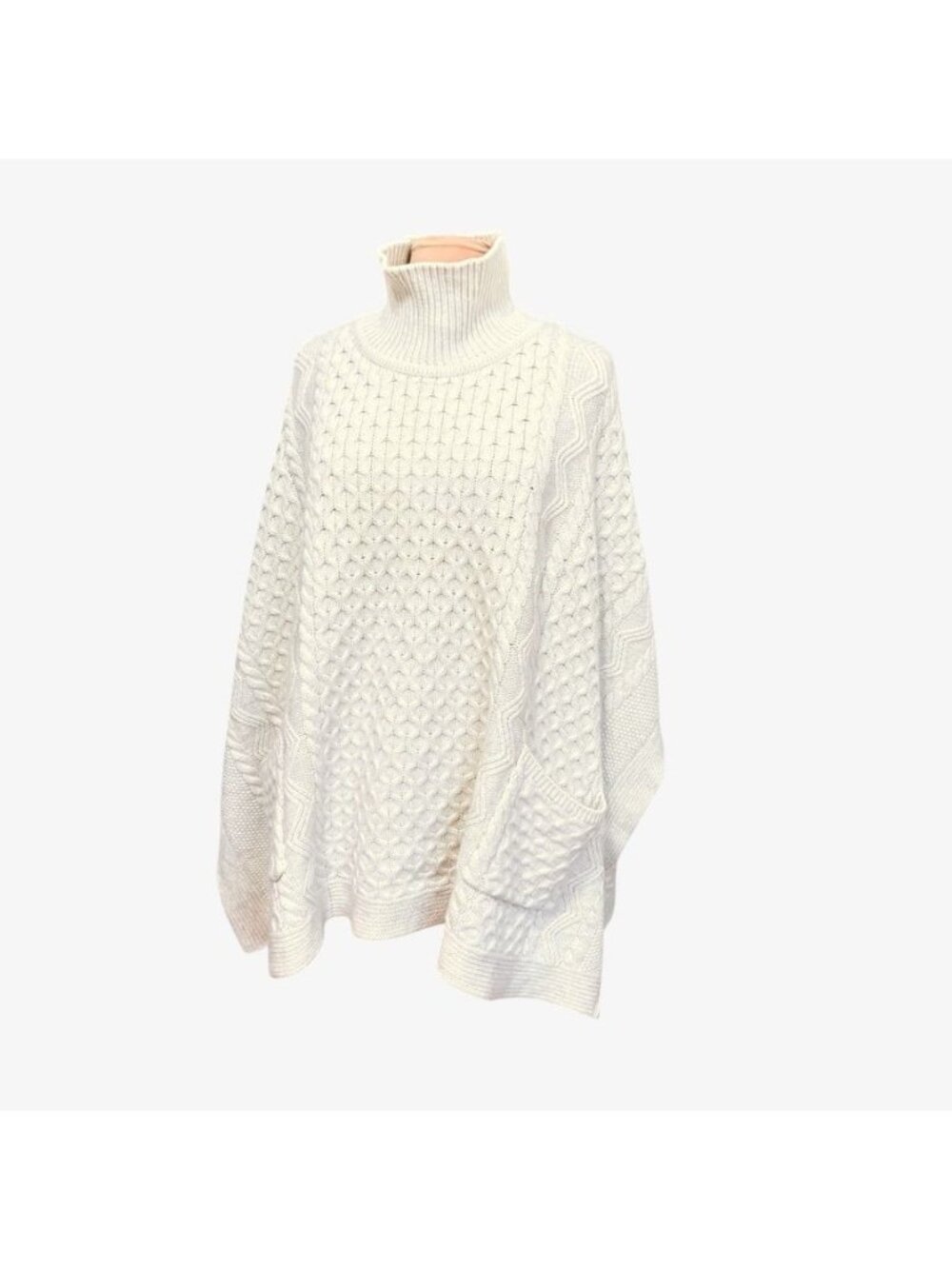 Brooks Brothers Wool Cashmere Sweater Poncho M Cream Cableknit Turtleneck Pocket